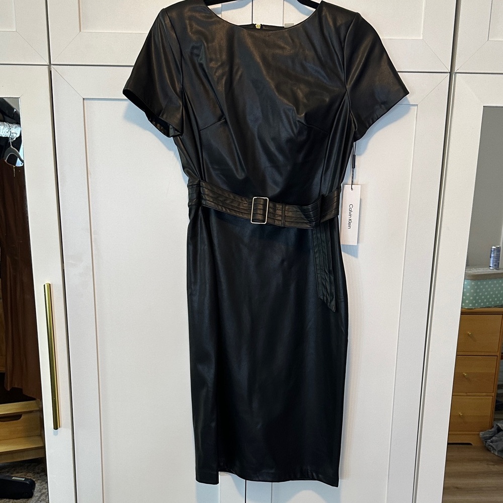Calvin Klein Black Faux Leather Midi Dress